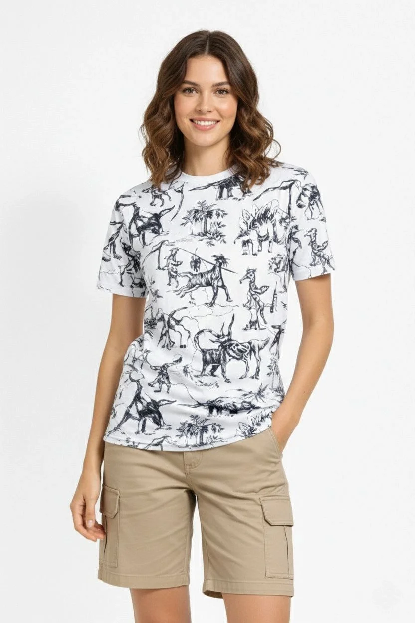 Kadın Beyaz Dinozor Desenli Tişört – Regular Kalıp, Bisiklet Yaka, Dijital Baskılı Pamuklu T-Shirt - Beyaz - Görsel 4