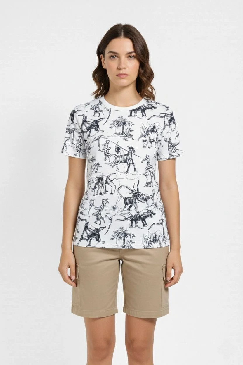 Kadın Beyaz Dinozor Desenli Tişört – Regular Kalıp, Bisiklet Yaka, Dijital Baskılı Pamuklu T-Shirt - Beyaz - Görsel 2