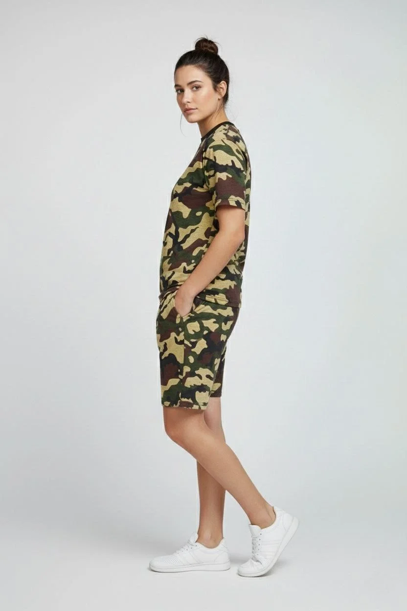 Kadın Kamuflaj Desenli Tişört Şort Takım – Günlük Rahat Kesim Yazlık 2’li Kombin - Kamuflaj - Görsel 4