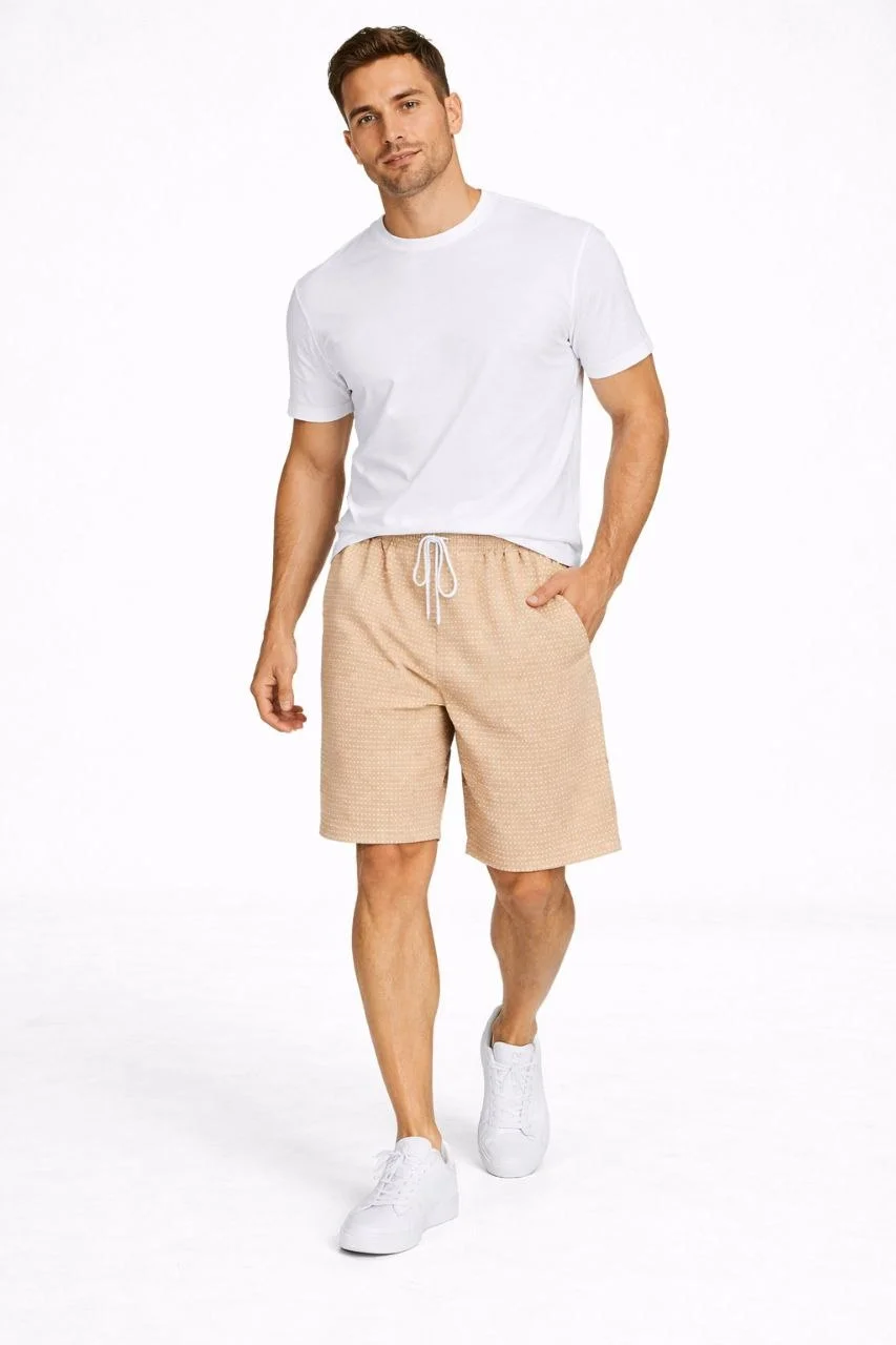 Erkek Pötikareli Şort – Beli Lastikli Bağcıklı, Cepli, Rahat Kesim Günlük Yazlık Şort - Bej - Görsel 2