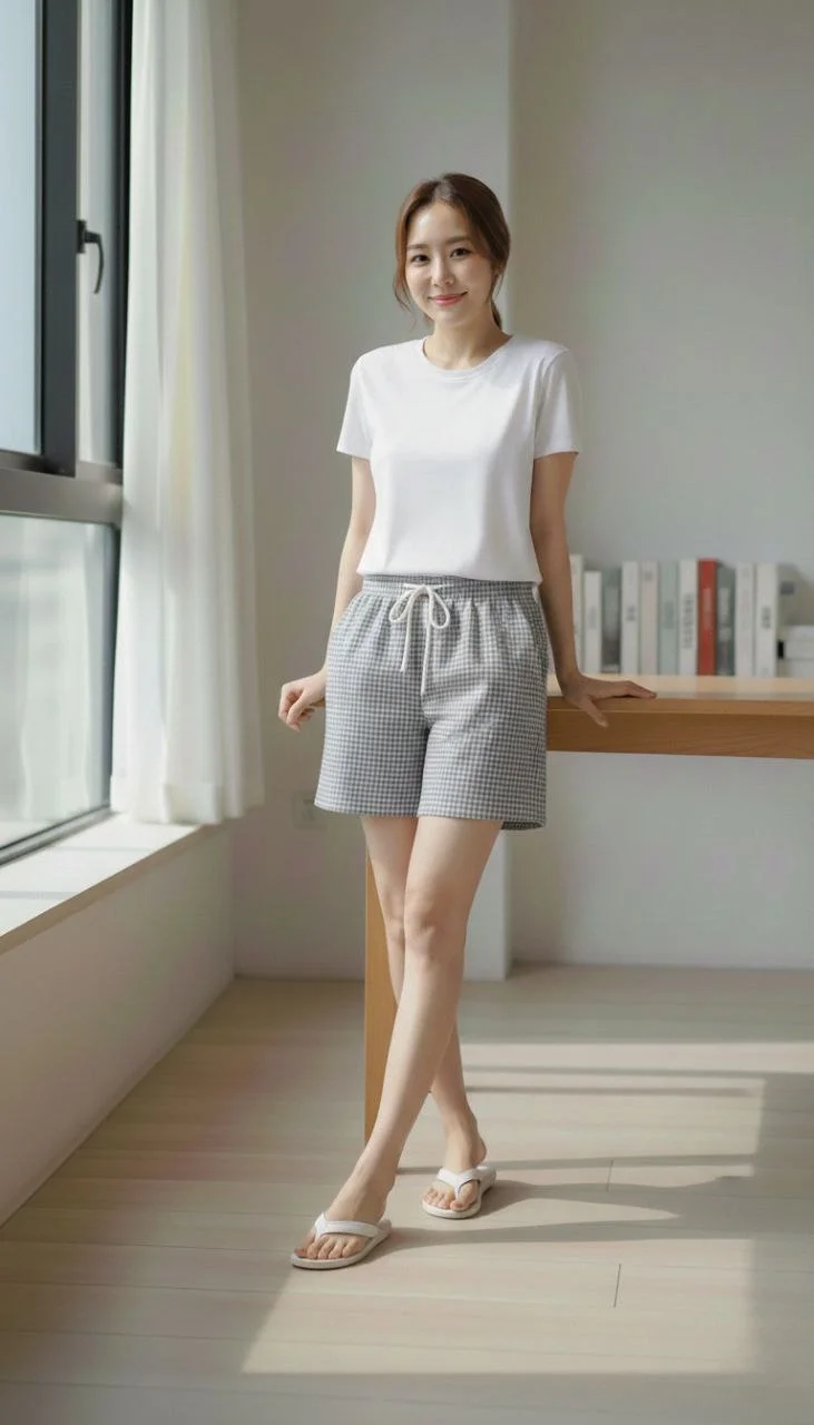 Kadın Pötikareli Şort – Beli Lastikli Bağcıklı, Cepli, Rahat Kesim Günlük Yazlık Şort - Füme - Görsel 3