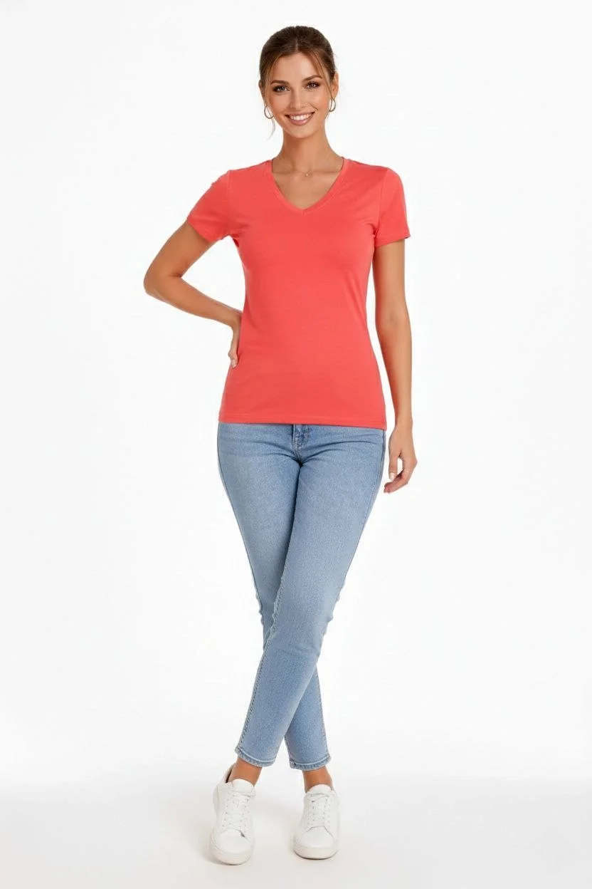 Kadın T-Shirt V Yaka Slim Fit Likralı Tişört Günlük Basic Body - Nar Çiçeği - Görsel 2