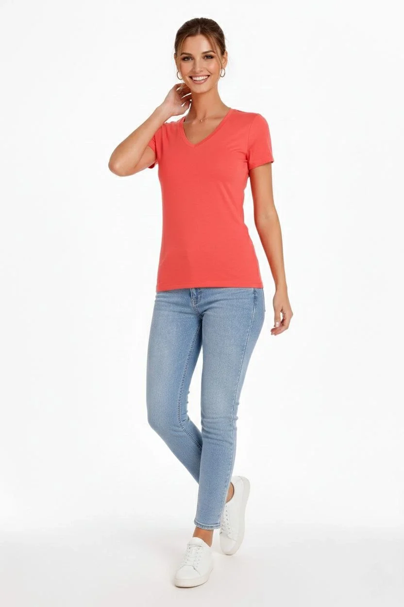 Kadın T-Shirt V Yaka Slim Fit Likralı Tişört Günlük Basic Body - Nar Çiçeği - Görsel 3