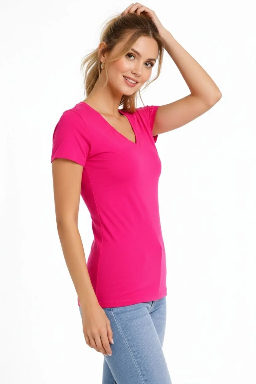 Kadın T-Shirt V Yaka Slim Fit Likralı Tişört Günlük Basic Body - Pembe - Görsel 3