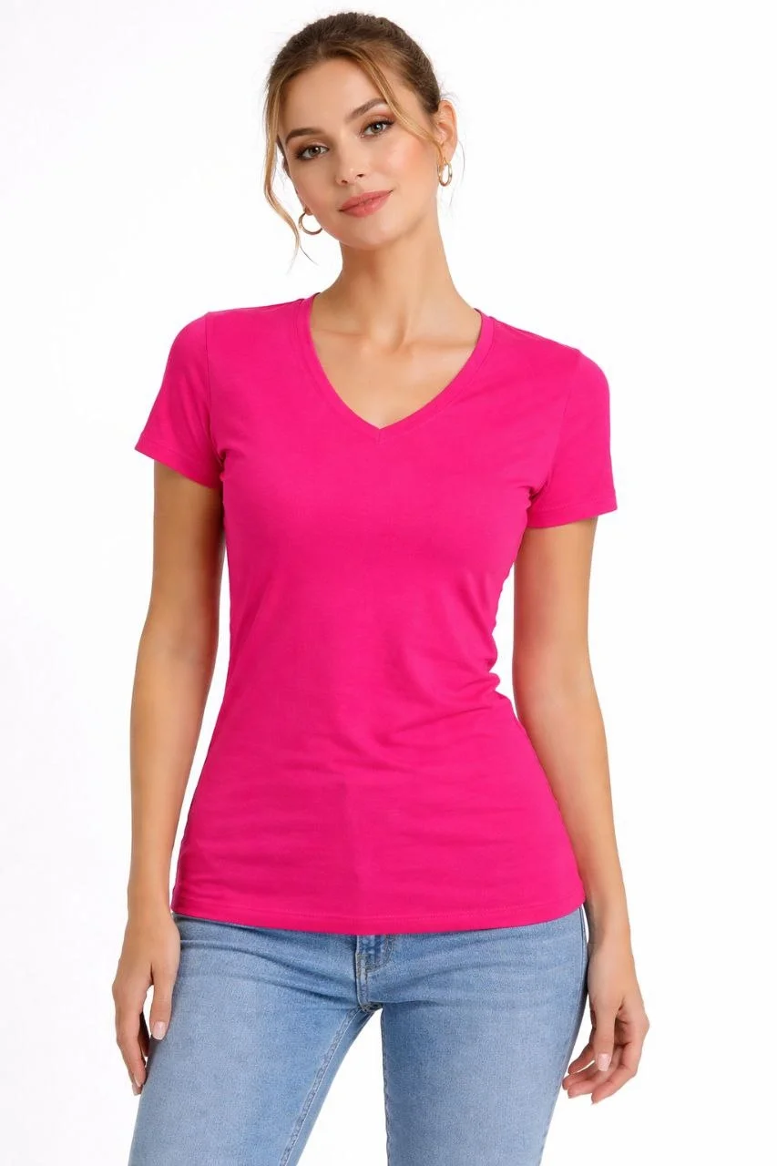Kadın T-Shirt V Yaka Slim Fit Likralı Tişört Günlük Basic Body - Pembe - Görsel 2