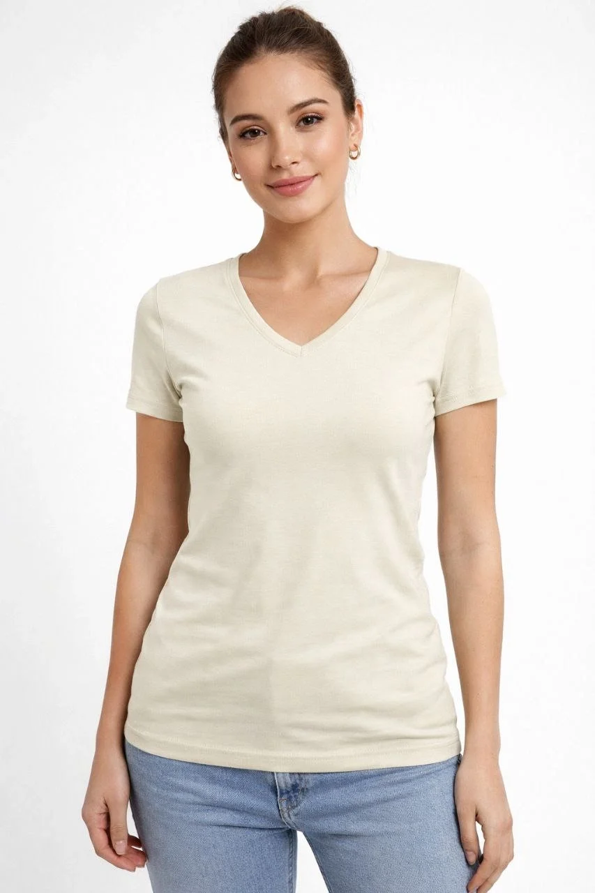 Kadın T-Shirt V Yaka Slim Fit Likralı Tişört Günlük Basic Body - Taş - Görsel 4