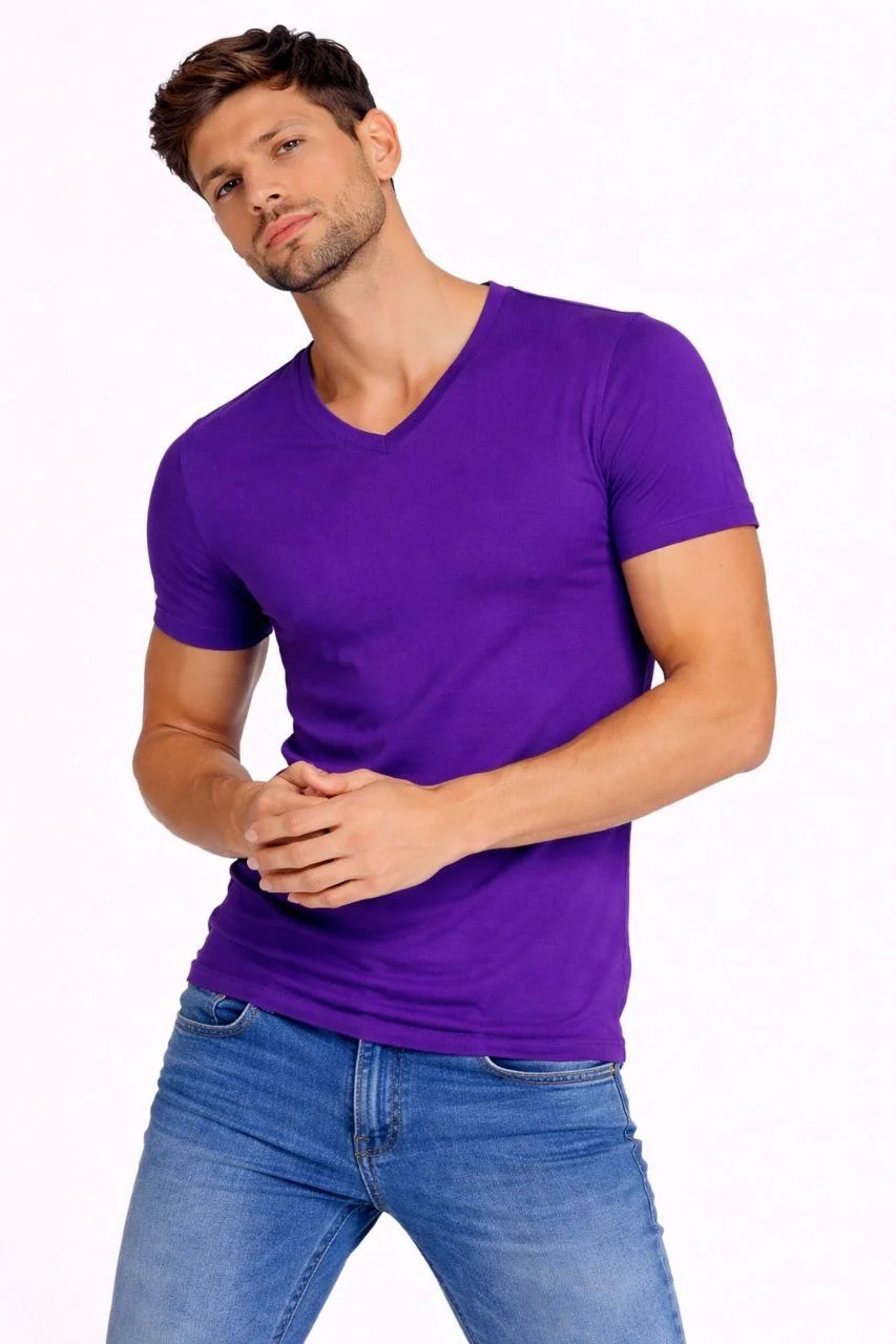 Erkek T-Shirt V Yaka Slim Fit dar kesim Likralı Tişört Günlük Basic Body - Mor - Görsel 3