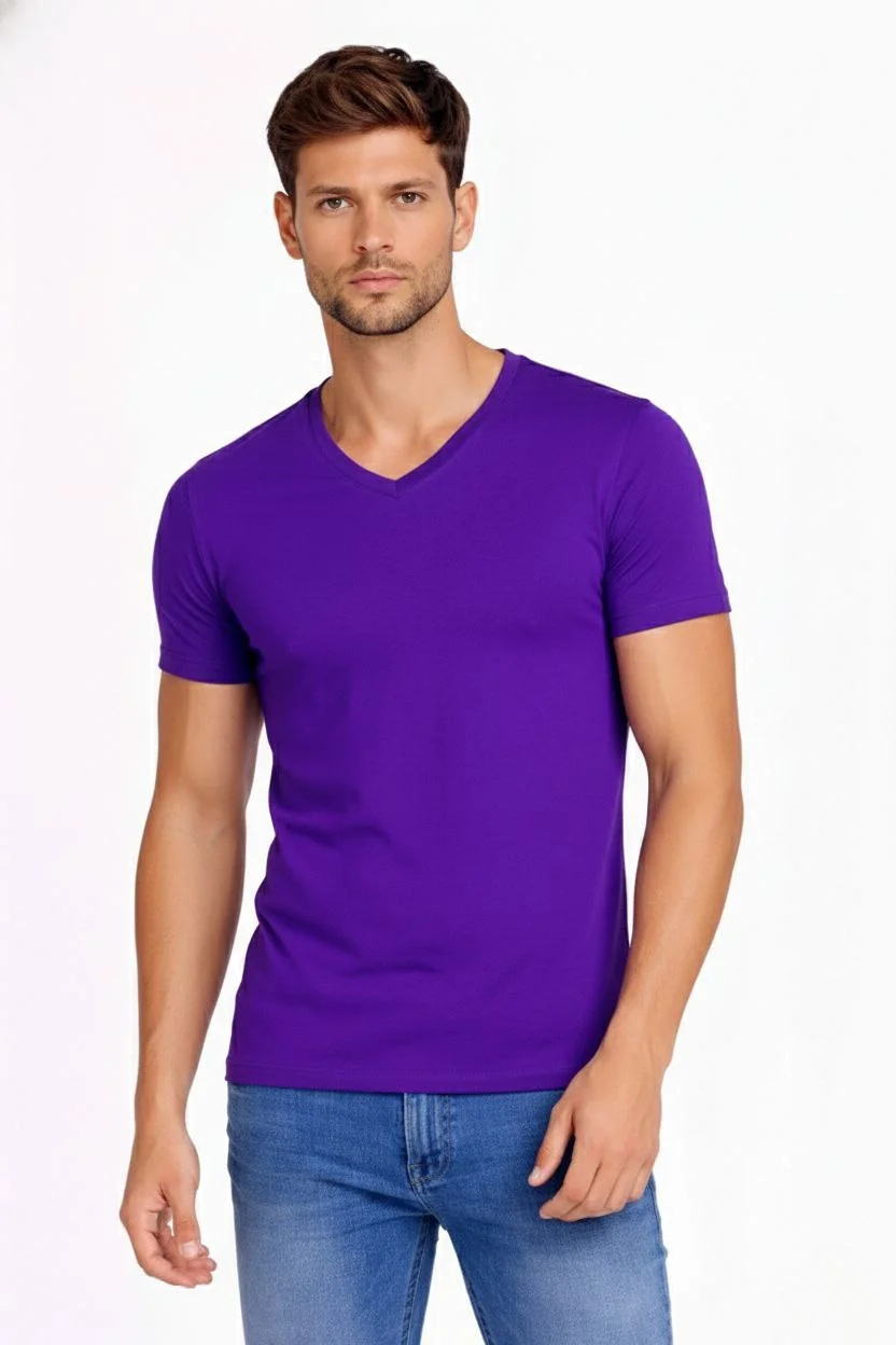 Erkek T-Shirt V Yaka Slim Fit dar kesim Likralı Tişört Günlük Basic Body - Mor - Görsel 2