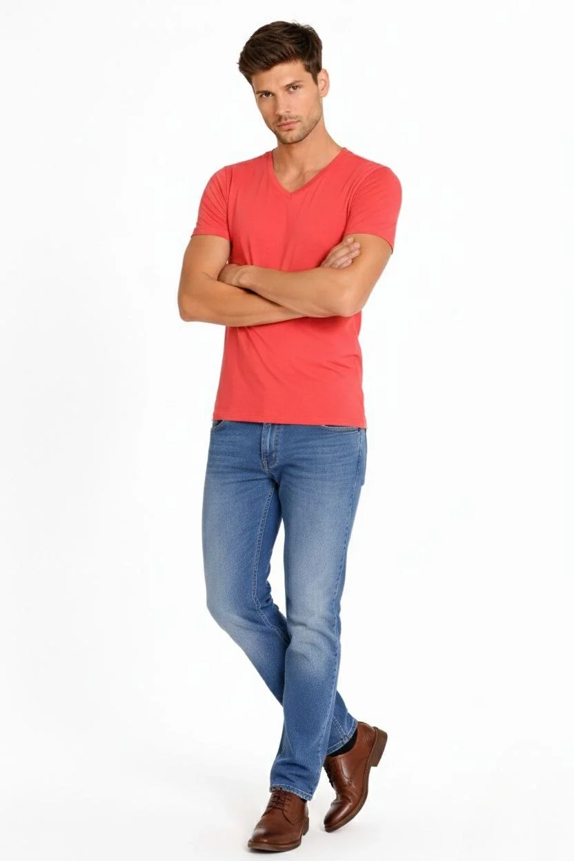 Erkek T-Shirt V Yaka Slim Fit dar kesim Likralı Tişört Günlük Basic Body - Nar Çiçeği - Görsel 3