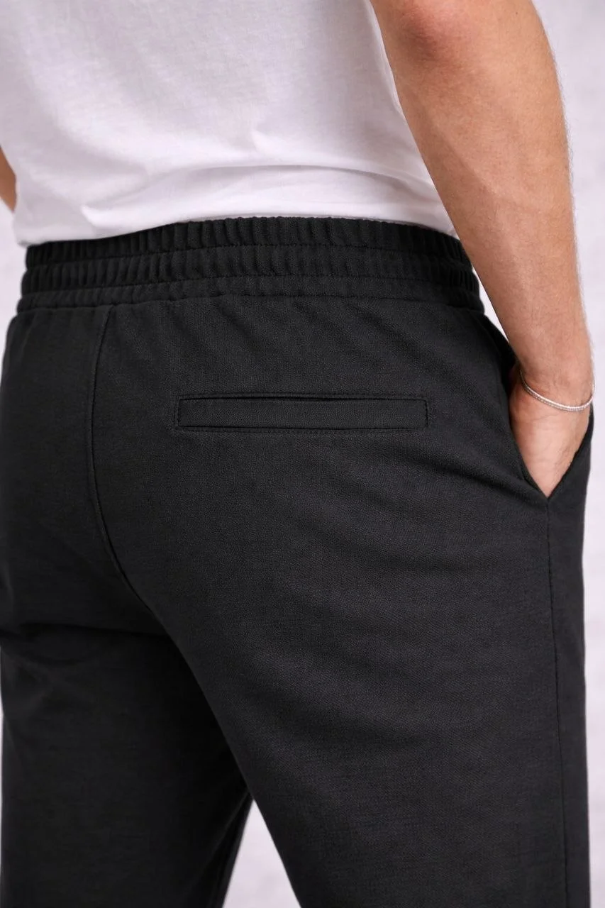 Erkek Diagonel Mikro dokulu Duble Paça Cepli Pantolon Bağcıklı Bel, Modern Kesim - Siyah - Görsel 7