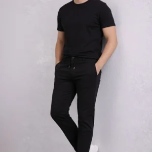 Alternative view of Erkek Diagonel Mikro dokulu Duble Paça Cepli Pantolon Bağcıklı Bel, Modern Kesim - Siyah