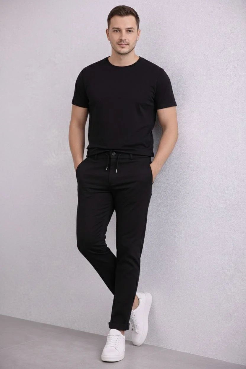 Erkek Diagonel Mikro dokulu Duble Paça Cepli Pantolon Bağcıklı Bel, Modern Kesim - Siyah - Görsel 4