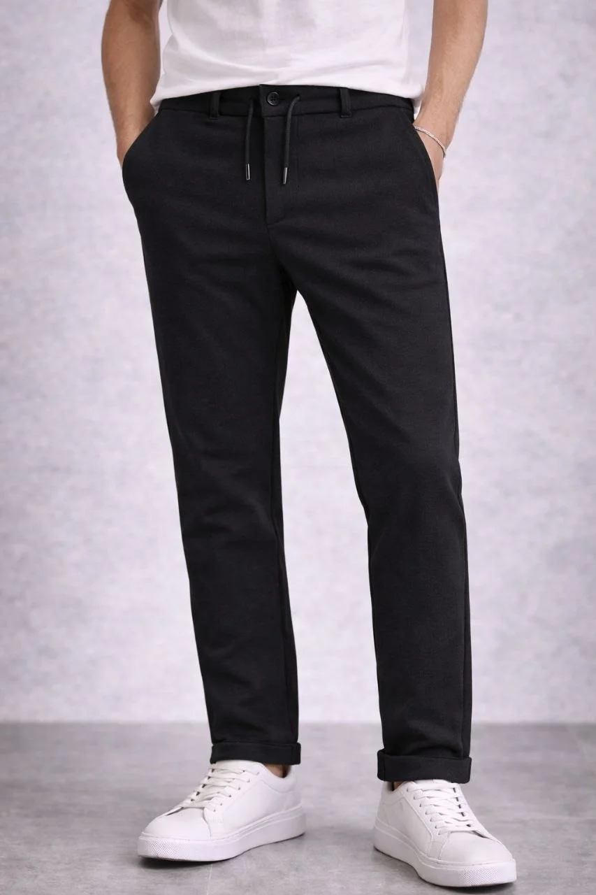 Erkek Diagonel Mikro dokulu Duble Paça Cepli Pantolon Bağcıklı Bel, Modern Kesim - Siyah - Görsel 3