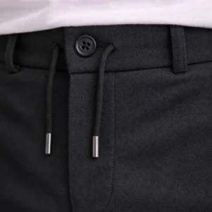 Erkek Diagonel Mikro dokulu Duble Paça Cepli Pantolon Bağcıklı Bel, Modern Kesim - Siyah