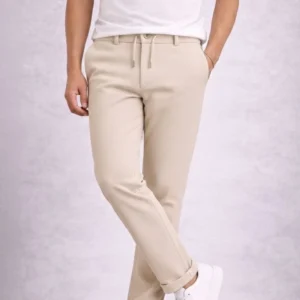 Alternative view of Erkek Diagonel Mikro dokulu Duble Paça Cepli Pantolon Bağcıklı Bel, Modern Kesim - Krem