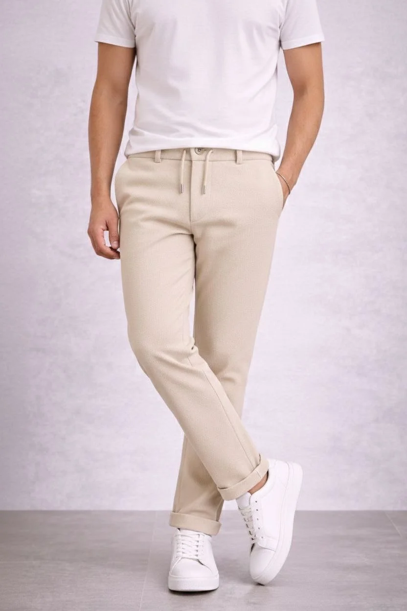 Erkek Diagonel Mikro dokulu Duble Paça Cepli Pantolon Bağcıklı Bel, Modern Kesim - Krem - Görsel 2