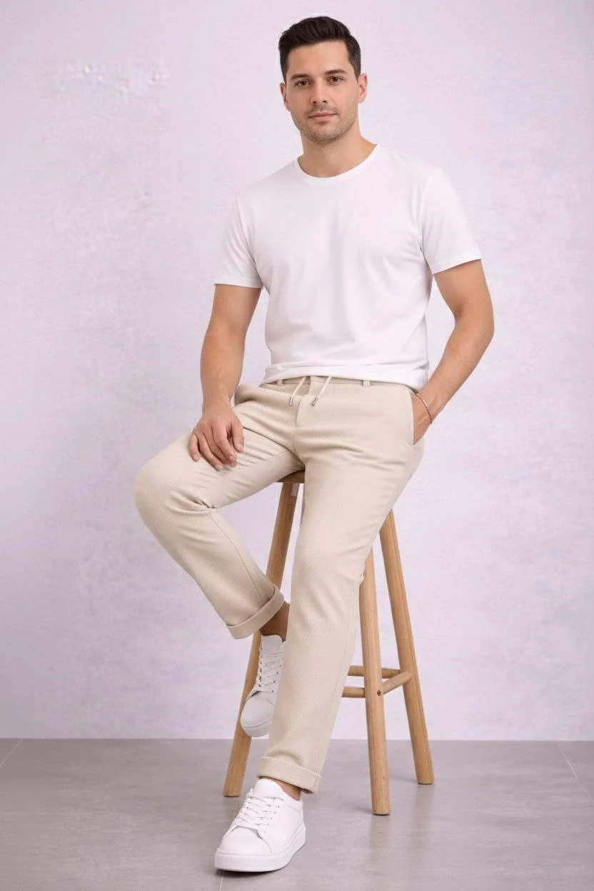 Erkek Diagonel Mikro dokulu Duble Paça Cepli Pantolon Bağcıklı Bel, Modern Kesim - Krem