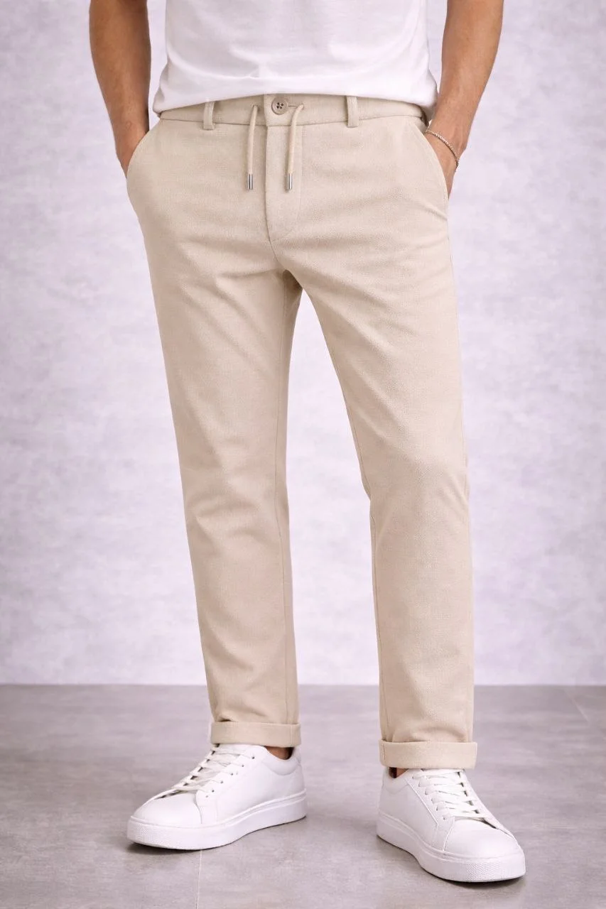 Erkek Diagonel Mikro dokulu Duble Paça Cepli Pantolon Bağcıklı Bel, Modern Kesim - Krem - Görsel 5