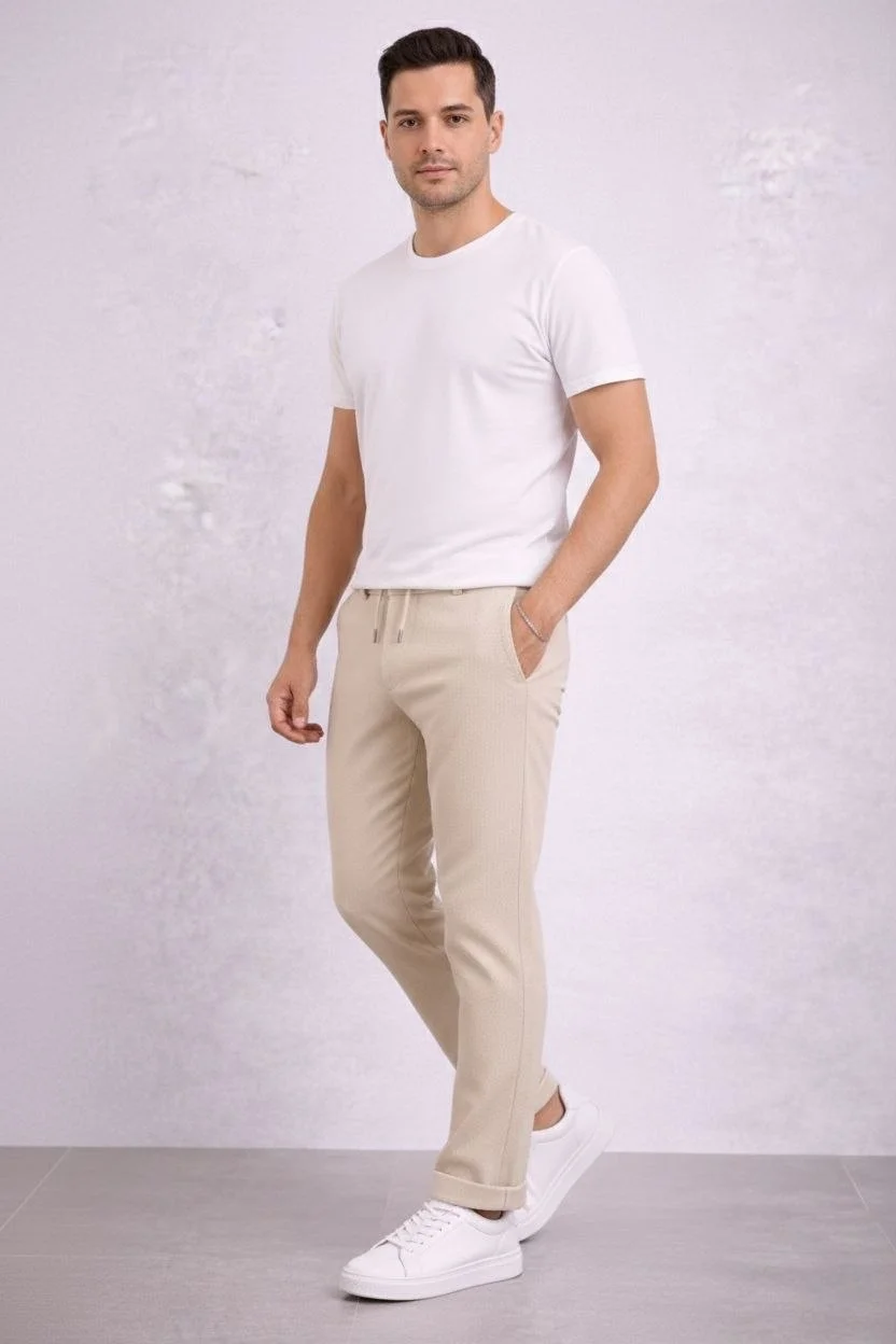 Erkek Diagonel Mikro dokulu Duble Paça Cepli Pantolon Bağcıklı Bel, Modern Kesim - Krem - Görsel 4