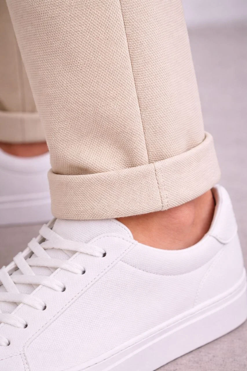 Erkek Diagonel Mikro dokulu Duble Paça Cepli Pantolon Bağcıklı Bel, Modern Kesim - Krem - Görsel 3