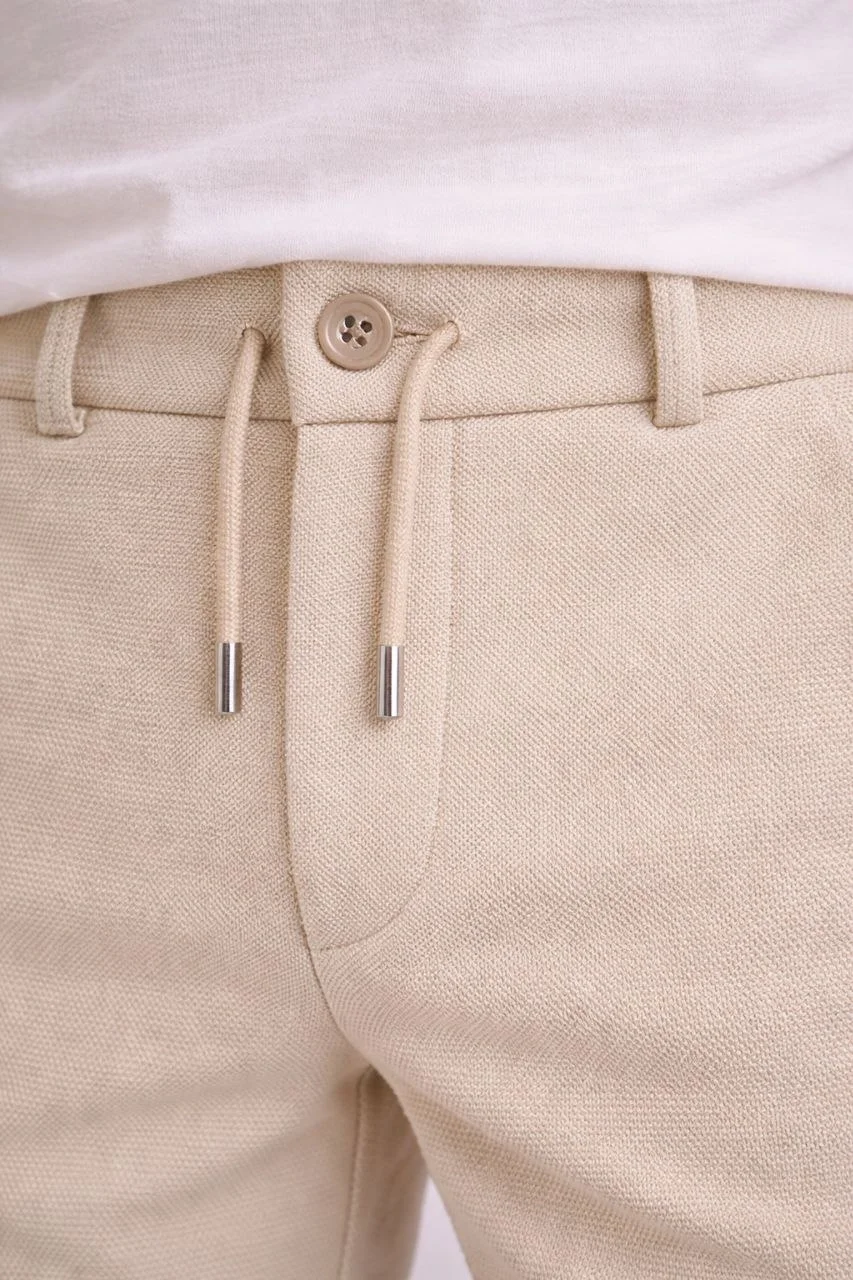 Erkek Diagonel Mikro dokulu Duble Paça Cepli Pantolon Bağcıklı Bel, Modern Kesim - Krem - Görsel 7