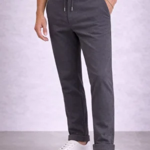 Erkek Diagonel Mikro dokulu Duble Paça Cepli Pantolon Bağcıklı Bel, Modern Kesim - Füme