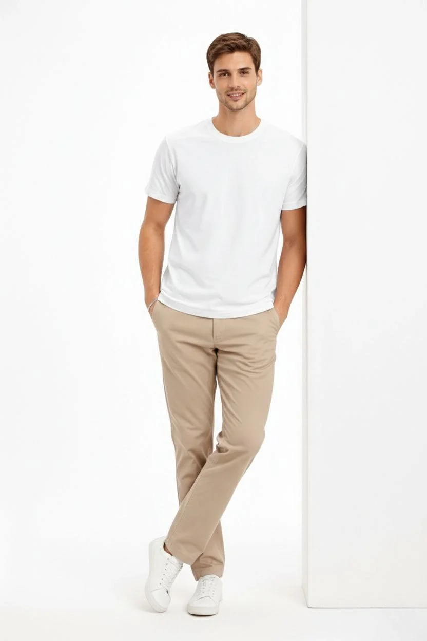 Erkek Bisiklet Yaka Tişört Regular Kalıp Basic Pamuklu Günlük Kullanım T-shirt - Beyaz - Görsel 3