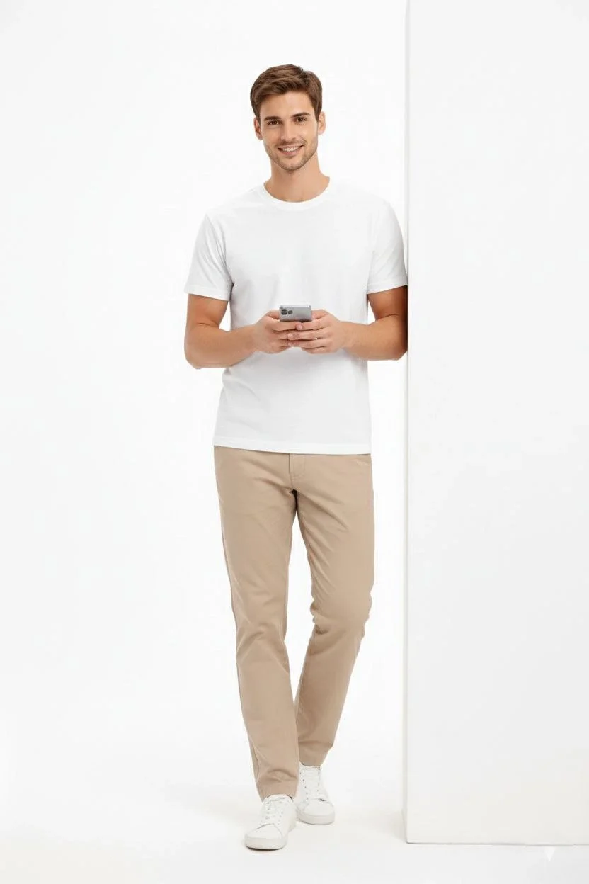 Erkek Bisiklet Yaka Tişört Regular Kalıp Basic Pamuklu Günlük Kullanım T-shirt - Beyaz - Görsel 2