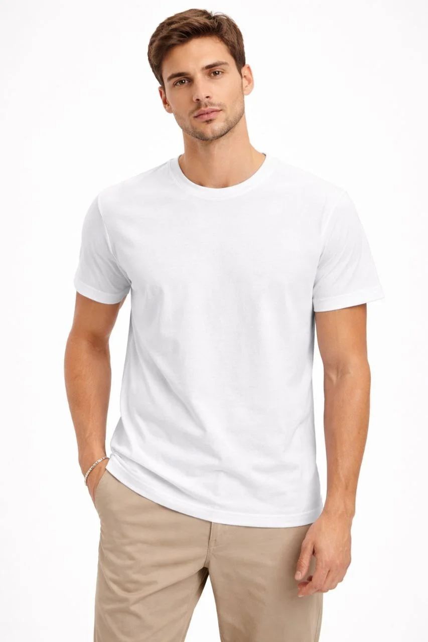 Erkek Bisiklet Yaka Tişört Regular Kalıp Basic Pamuklu Günlük Kullanım T-shirt - Beyaz - Görsel 5