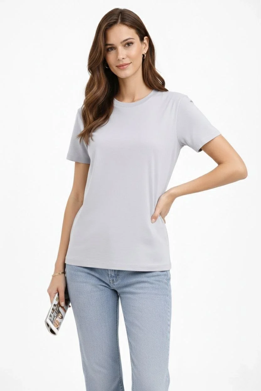 Kadın Bisiklet Yaka Tişört Regular Kalıp Basic Pamuklu Günlük Kullanım T-shirt - Gri - Görsel 2