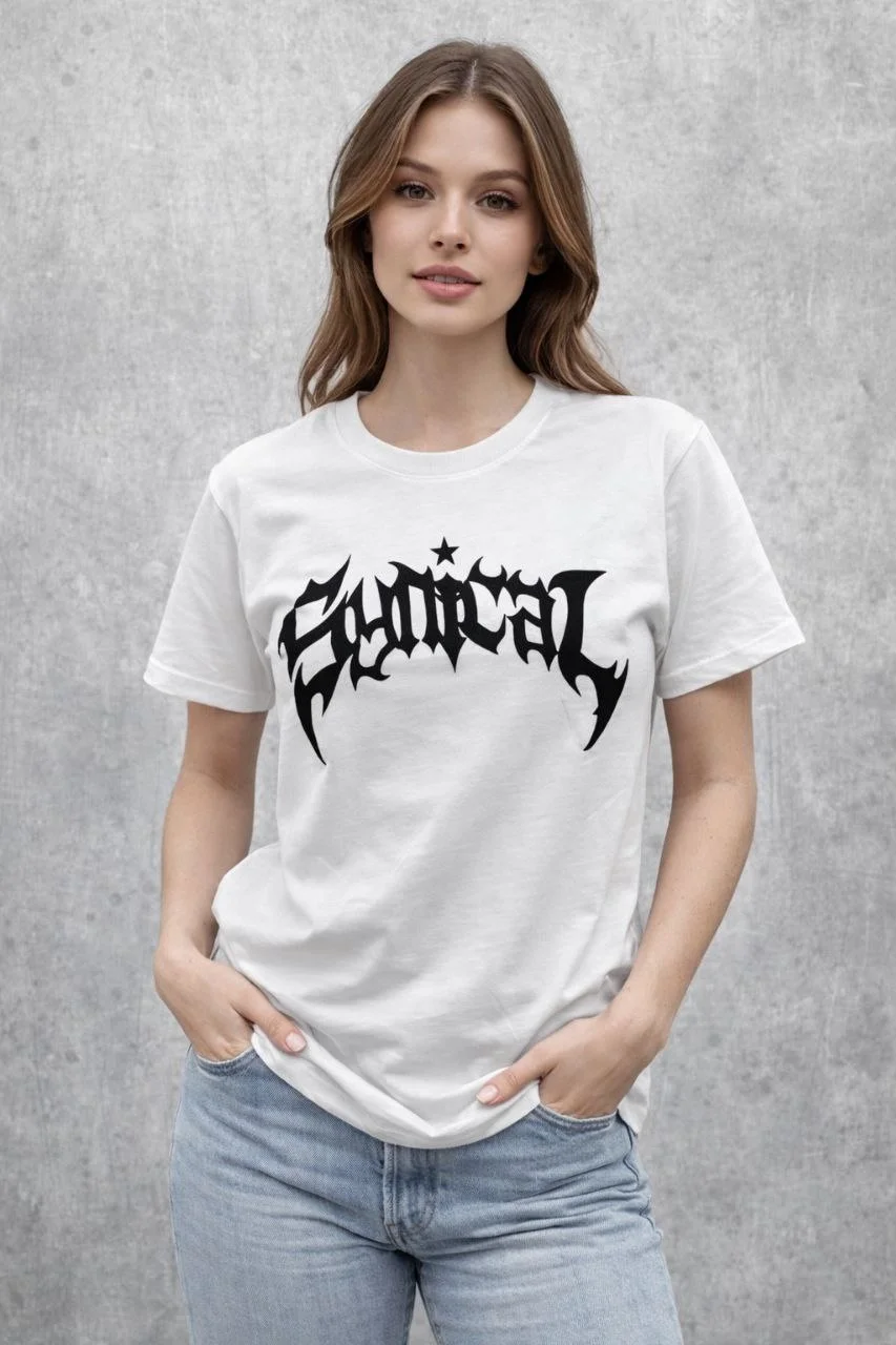 Kadın Bisiklet Yaka Ön Baskılı Kısa Kollu Tişört Streetwear Günlük Basic Pamuklu T-shirt - Beyaz