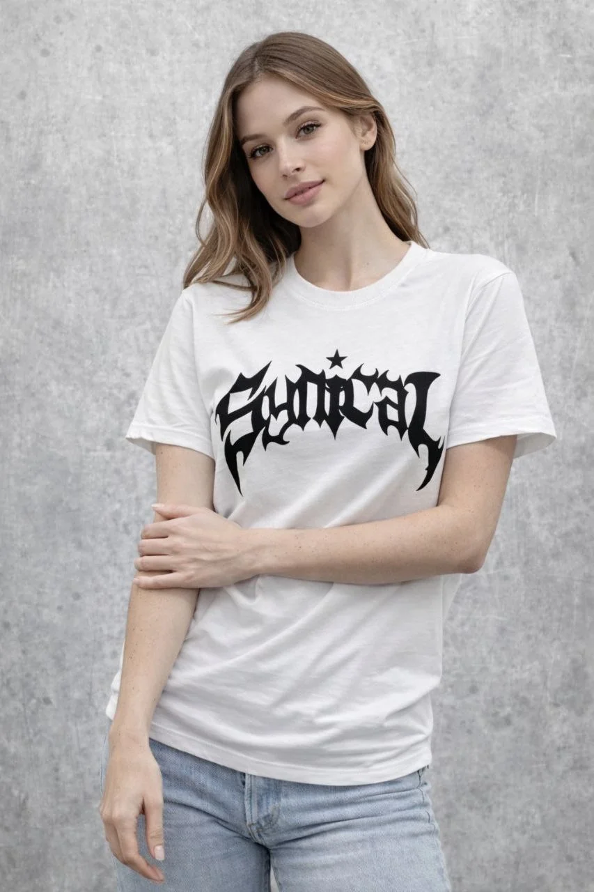 Kadın Bisiklet Yaka Ön Baskılı Kısa Kollu Tişört Streetwear Günlük Basic Pamuklu T-shirt - Beyaz - Görsel 3