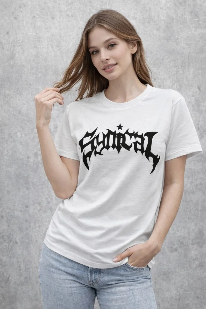 Kadın Bisiklet Yaka Ön Baskılı Kısa Kollu Tişört Streetwear Günlük Basic Pamuklu T-shirt - Beyaz - Görsel 2