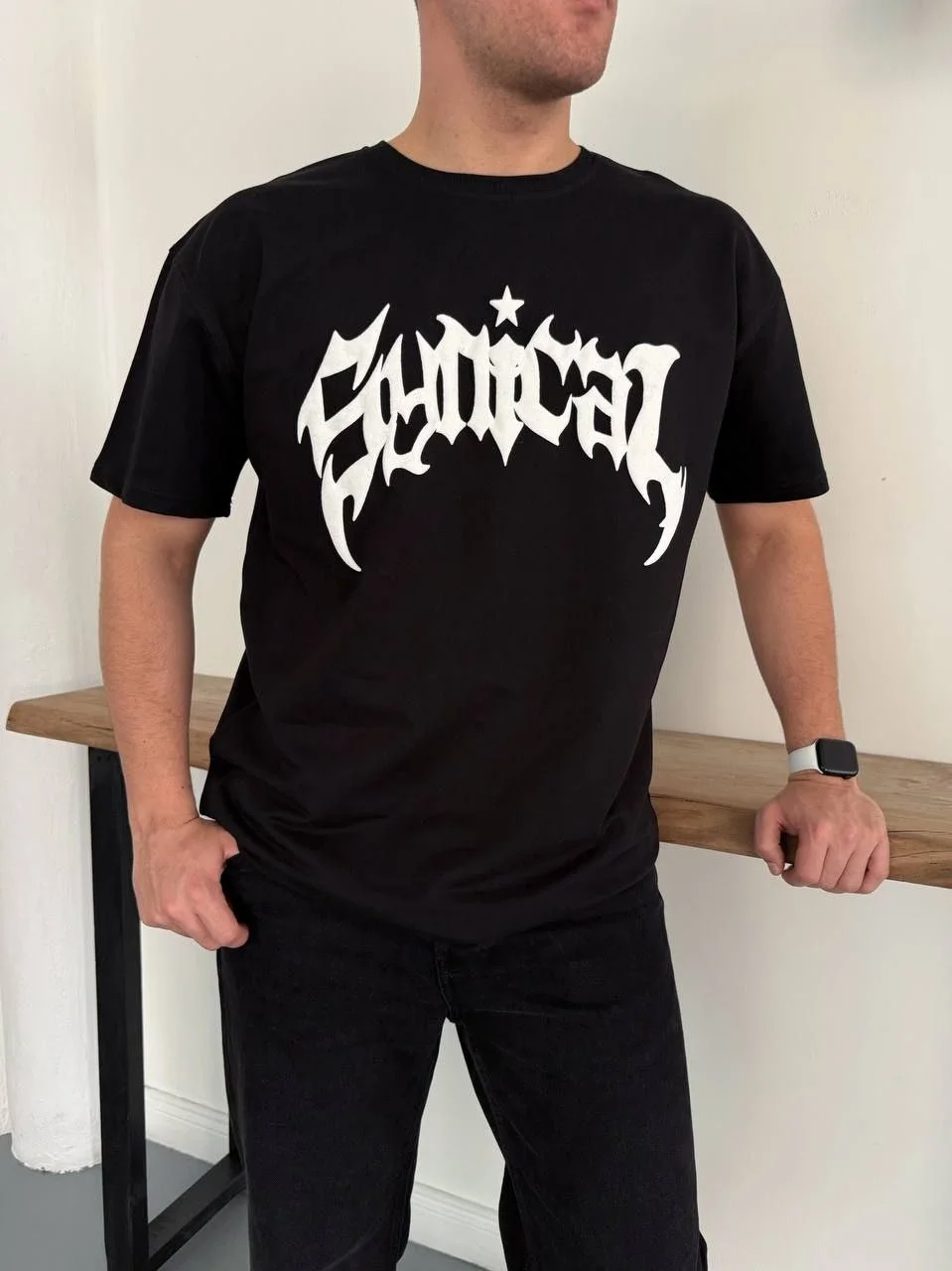 Erkek Bisiklet Yaka Ön Baskılı Kısa Kollu Tişört Streetwear Günlük Basic Pamuklu T-shirt - Siyah - Görsel 3