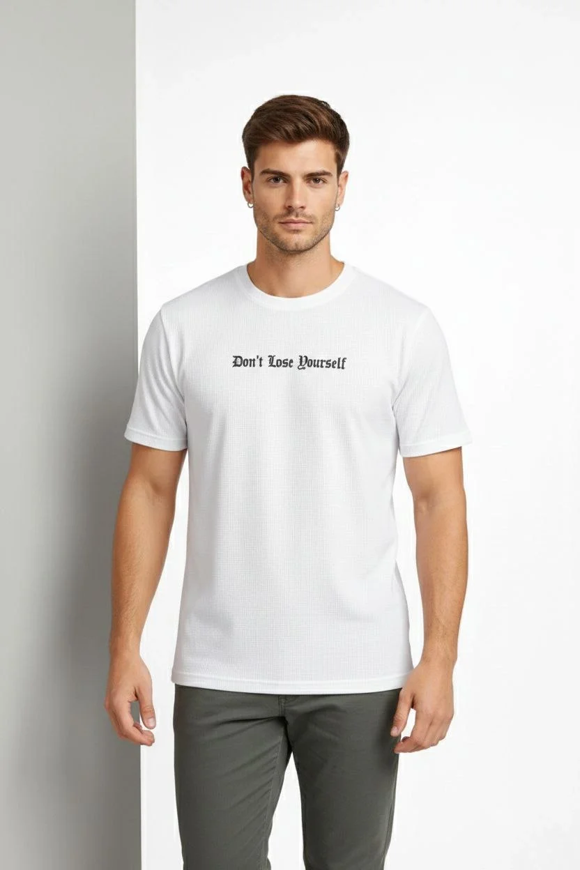 Erkek Wafıl Kumaş Tişört Regular Kalıp Bisiklet Yaka Baskılı Günlük Basic T-Shirt - Beyaz - Görsel 4