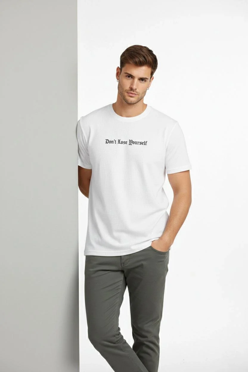 Erkek Wafıl Kumaş Tişört Regular Kalıp Bisiklet Yaka Baskılı Günlük Basic T-Shirt - Beyaz - Görsel 3
