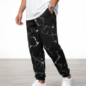 Erkek Dijital Baskılı Eşofman Altı Kışlık Üç İplik Şardonlu Kumaş Lastikli Paça, Cepli, Rahat Kalıp - Siyah