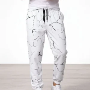 Erkek Dijital Baskılı Eşofman Altı Kışlık Üç İplik Şardonlu Kumaş Lastikli Paça, Cepli, Rahat Kalıp - Beyaz