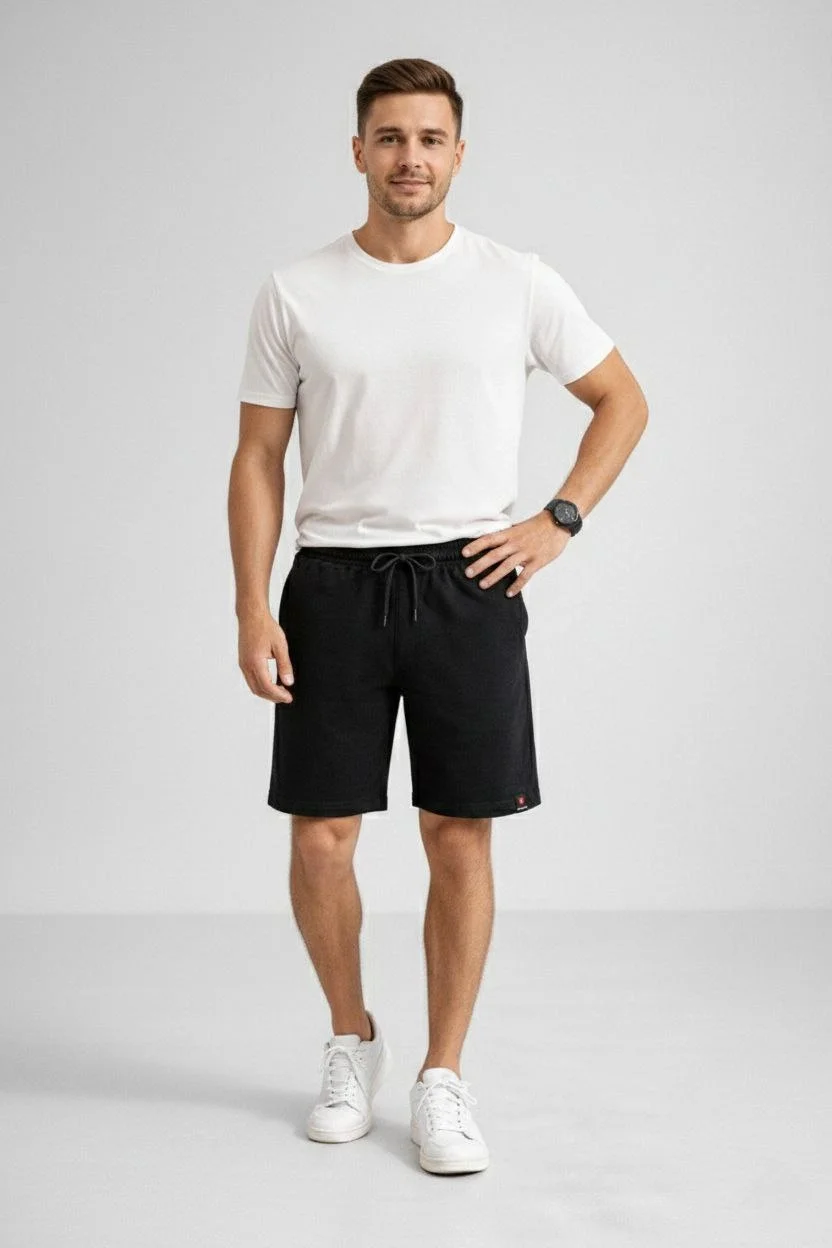 Erkek otoban Dokuma Şort Beli Lastikli Bağcıklı, Cepli, Rahat Kesim Günlük Yazlık Şort - Siyah - Görsel 3