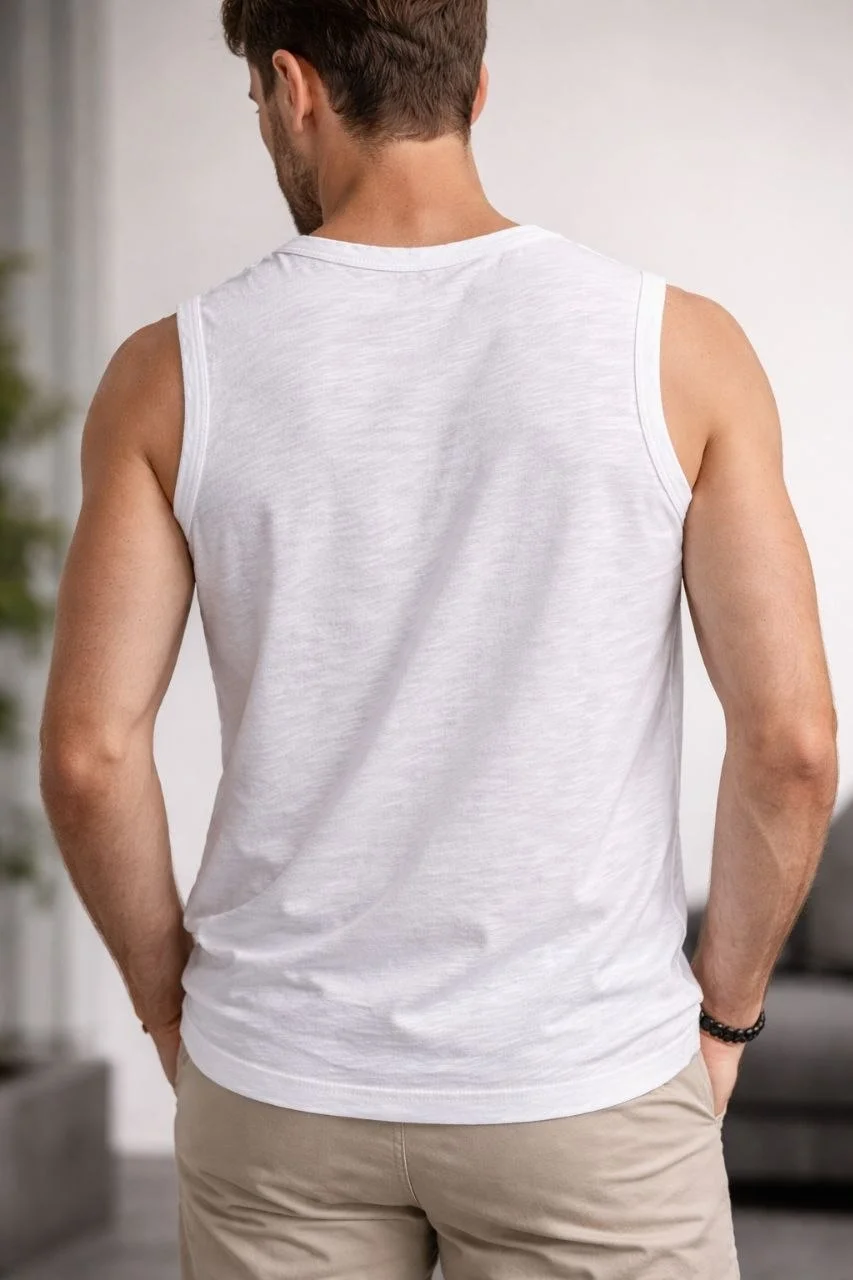 Erkek Flamlı Kumaş Sıfır Kolsuz Atlet Basic Spor Üst, Günlük ve Fitness Kullanımına Uygun - Beyaz - Görsel 4