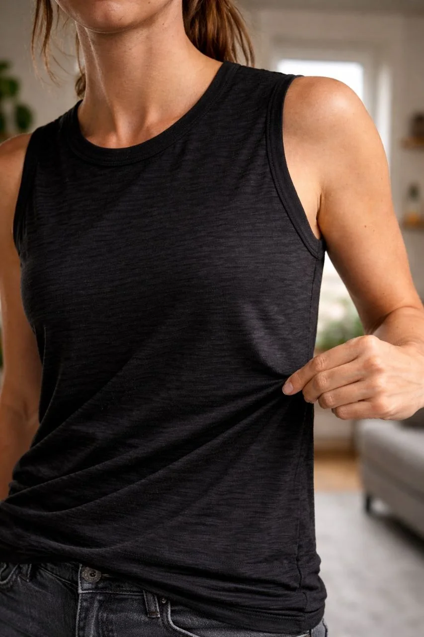 Kadın Flamlı Kumaş Sıfır Kolsuz Atlet Basic Spor Üst, Günlük ve Fitness Kullanımına Uygun - Siyah - Görsel 4