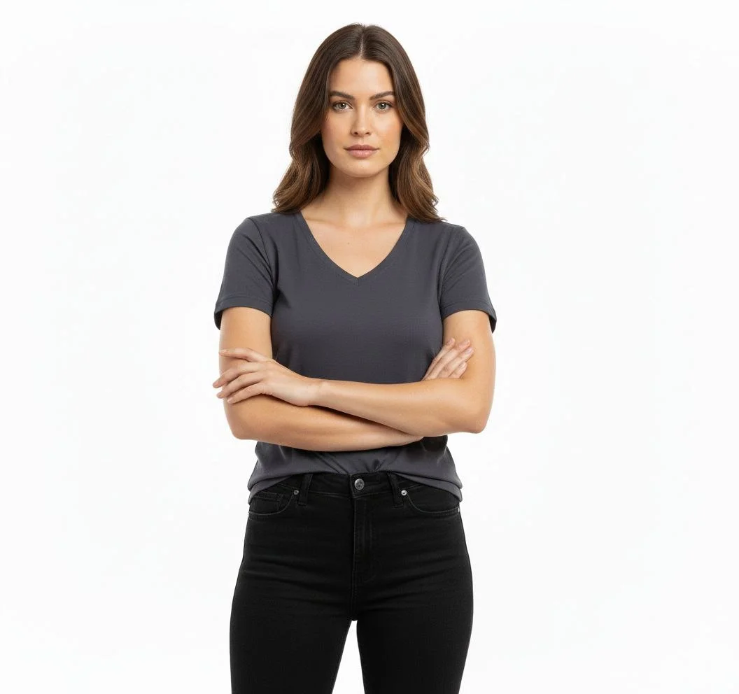 Kadın T-Shirt V Yaka Slim Fit Likralı Tişört Günlük Basic Body - Füme - Görsel 2