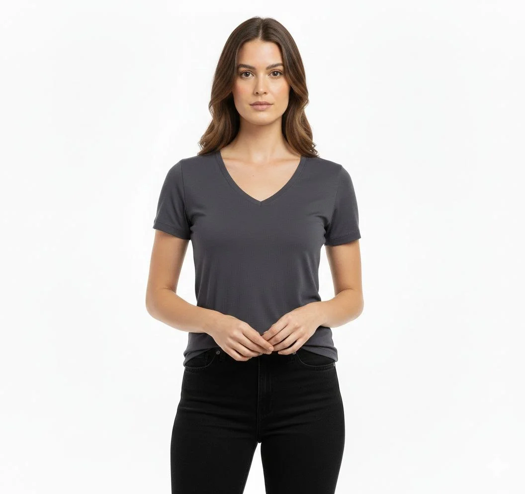 Kadın T-Shirt V Yaka Slim Fit Likralı Tişört Günlük Basic Body - Füme