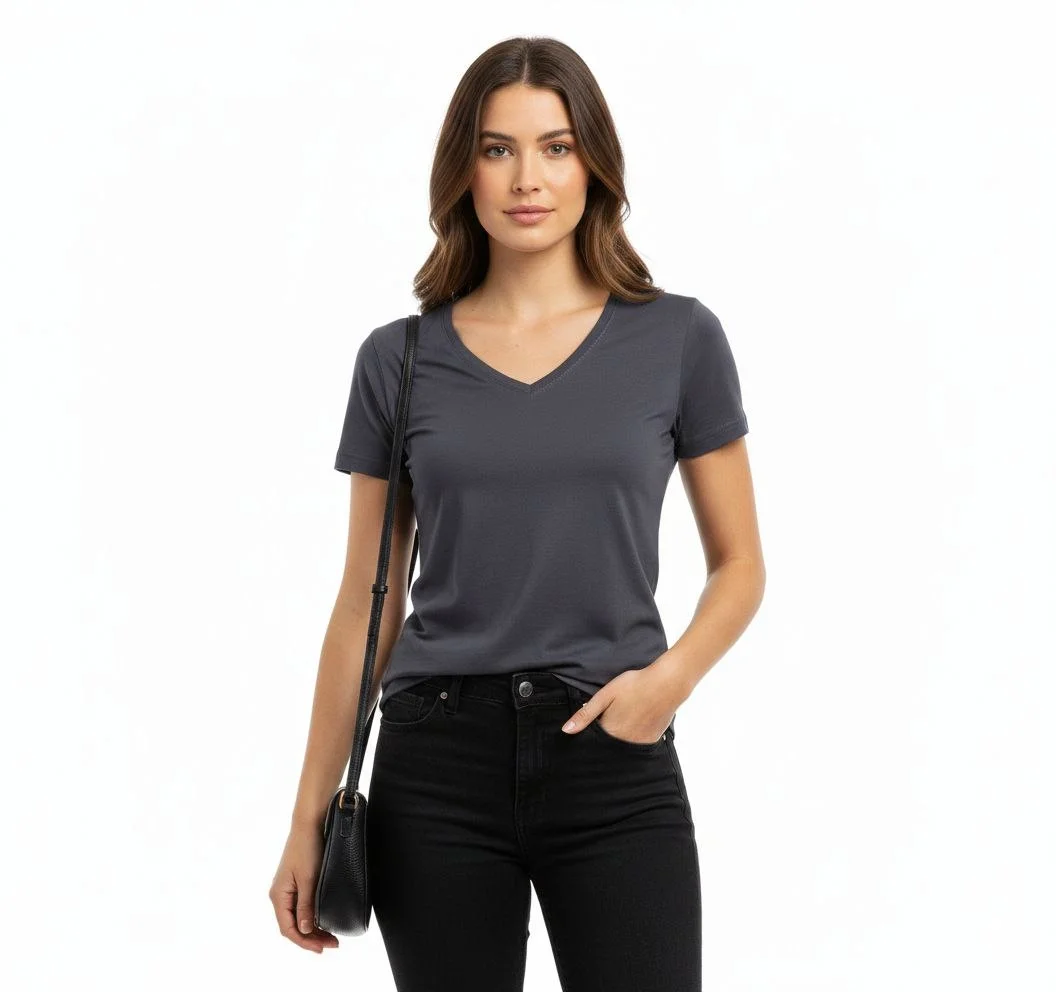 Kadın T-Shirt V Yaka Slim Fit Likralı Tişört Günlük Basic Body - Füme - Görsel 3