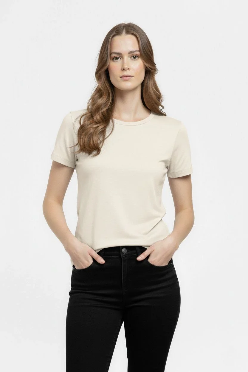 Kadın T-Shirt Bisiklet Yaka Slim Fit Likralı Tişört Günlük Basic Body - Taş - Görsel 3