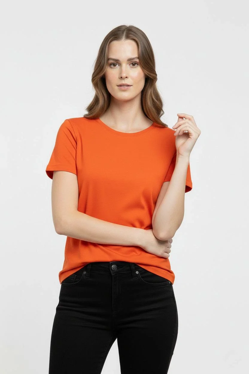 Kadın T-Shirt Bisiklet Yaka Slim Fit Likralı Tişört Günlük Basic Body - Turuncu - Görsel 2