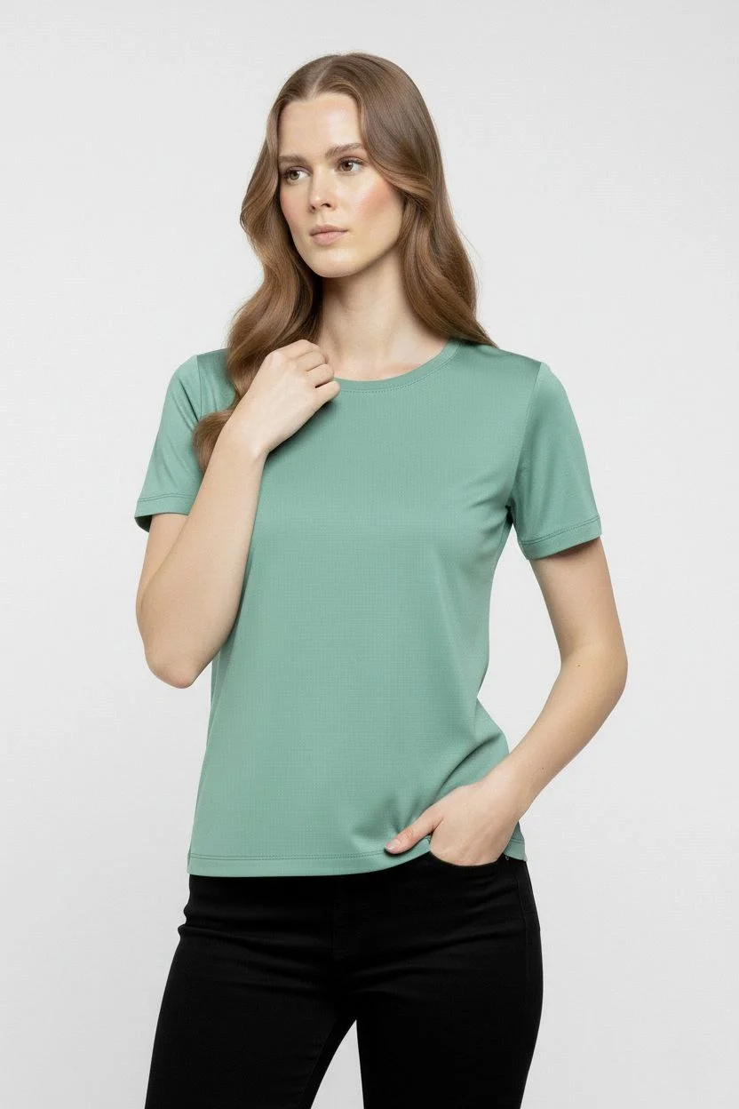 Kadın T-Shirt Bisiklet Yaka Slim Fit Likralı Tişört Günlük Basic Body - Mint Yeşili - Görsel 4