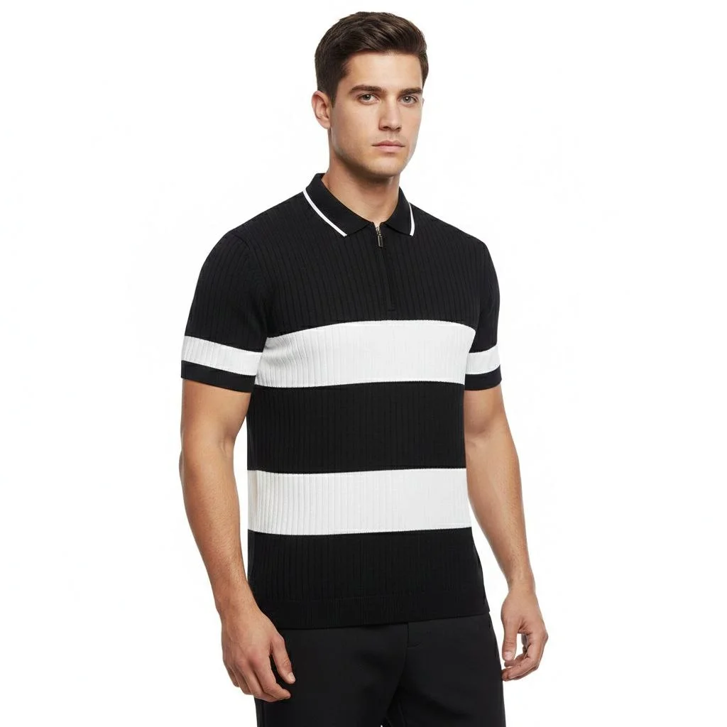 Erkek T-shirt Çizgili Triko Dokuma Kumaş Polo Yaka Yarım Fermuarlı Regular Kalıp Tişört - Siyah - Görsel 2