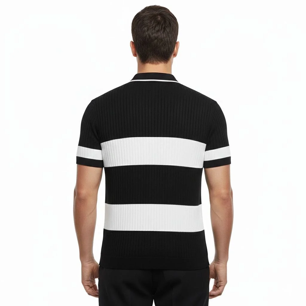 Erkek T-shirt Çizgili Triko Dokuma Kumaş Polo Yaka Yarım Fermuarlı Regular Kalıp Tişört - Siyah - Görsel 3