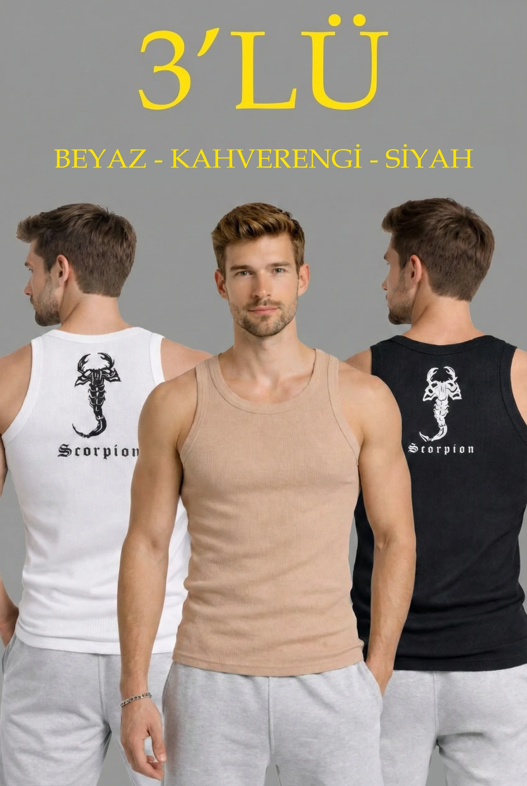Erkek Spor Fitilli Atlet 3'lü Set Beyaz, Siyah ve Kahverengi Slim Fit Kaşkorse Arka Baskılı Spor Atlet